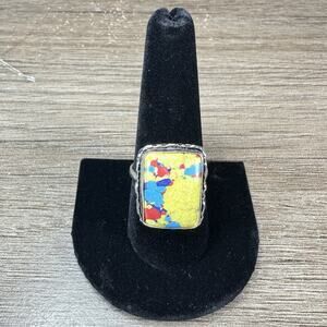 925 Sterling Silver Abstract Yellow Glass Art Ring Red Blue Modern Design Sz 10